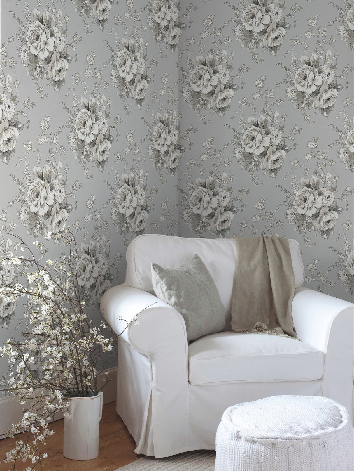 Heritage Rose Taupe Wallpaper with Botanical Floral Pattern, Non Woven - York FH4089