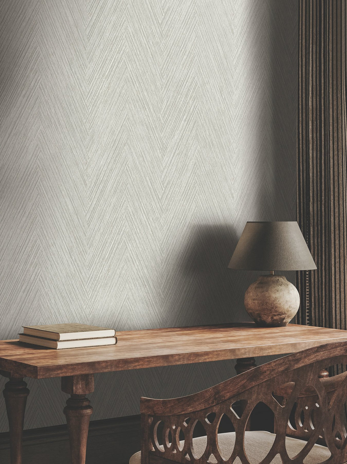 Thatched Chevron Dove Wallpaper with Metallic Raised Ink in Transitional Chevron Pattern - York FM1055