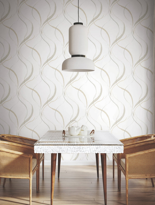 Ink Flow Neutral Wallpaper with Modern Organic Ribbon Pattern - York FM1093
