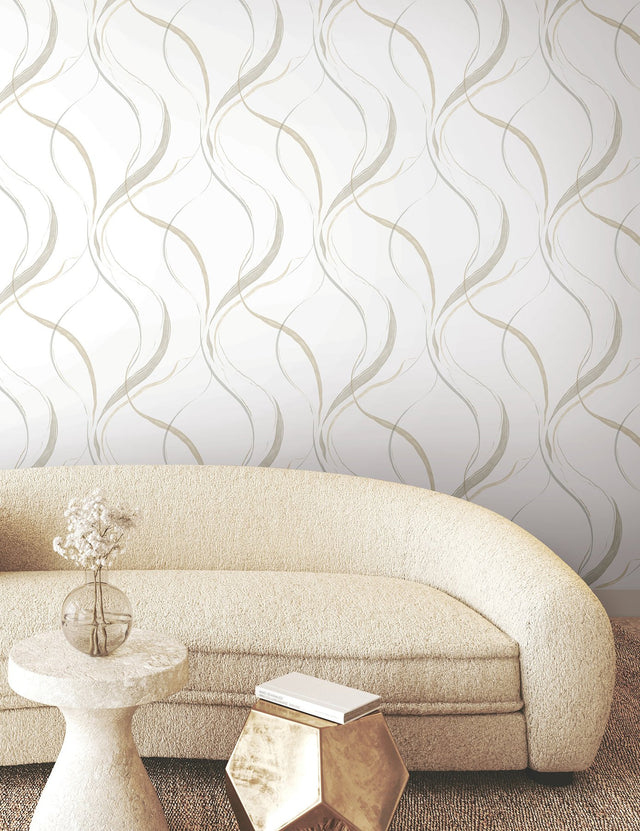Ink Flow Neutral Wallpaper with Modern Organic Ribbon Pattern - York FM1093