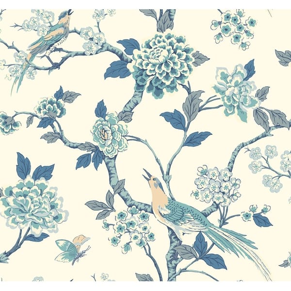 Fanciful Blue & White wallpaper with birds, butterflies, and floral branches on a light ground