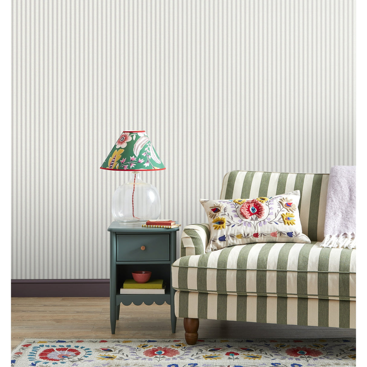 Fine Decor Chirico Lavender Ticking Stripe Wallpaper roll and room view