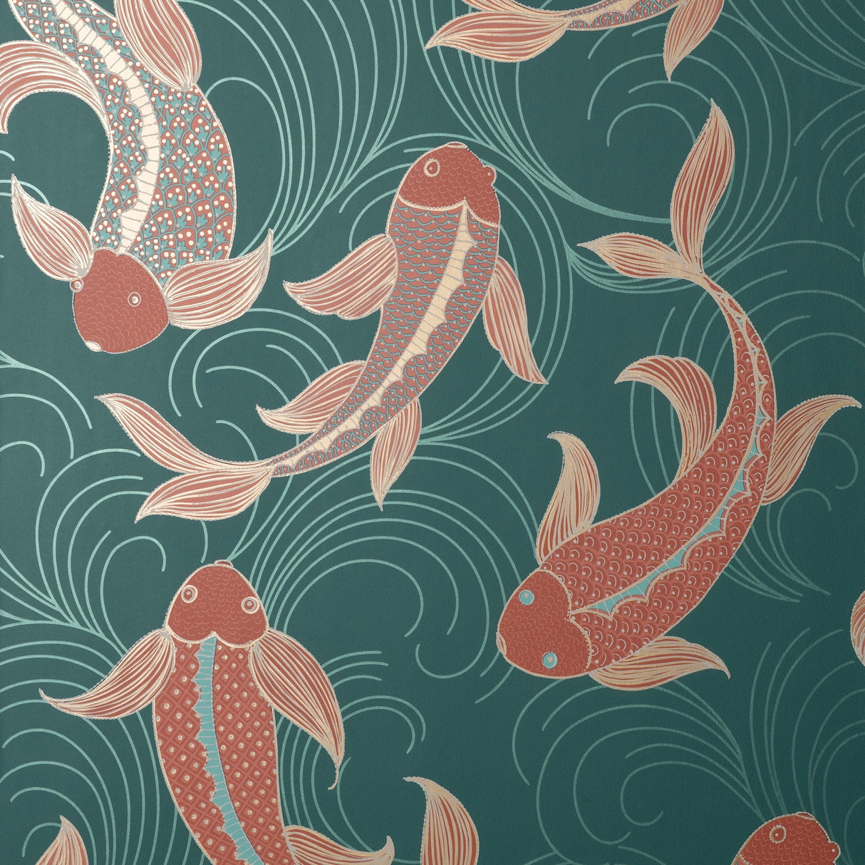 Dashiell Teal decorative fish wallpaper roll and room scene