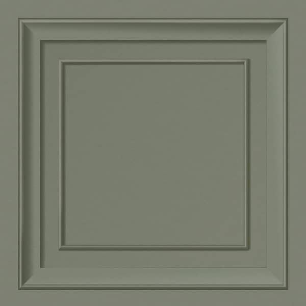 Moss green square panel wallpaper sample showing picture-frame molding effect - Fine Decor FD43390