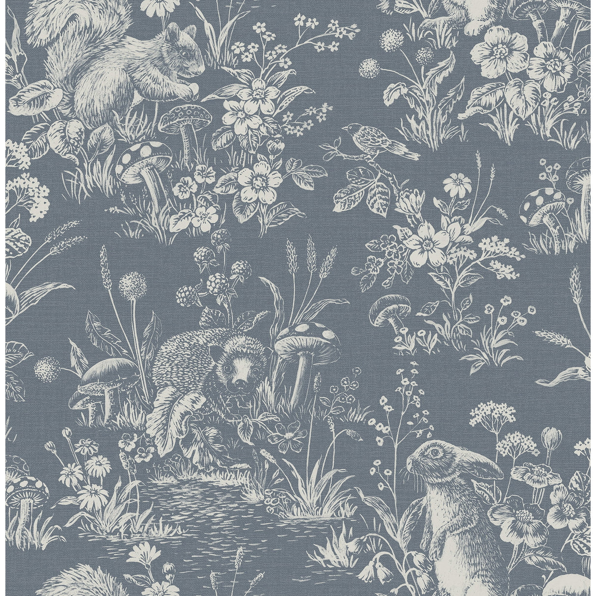 Fine Decor Eames Blue Forest Friends wallpaper roll in denim blue with white woodland animals and florals
