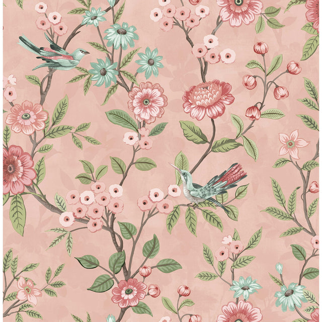 Elspeth Pink Floral Trail wallpaper with birds and flowers on a pink background