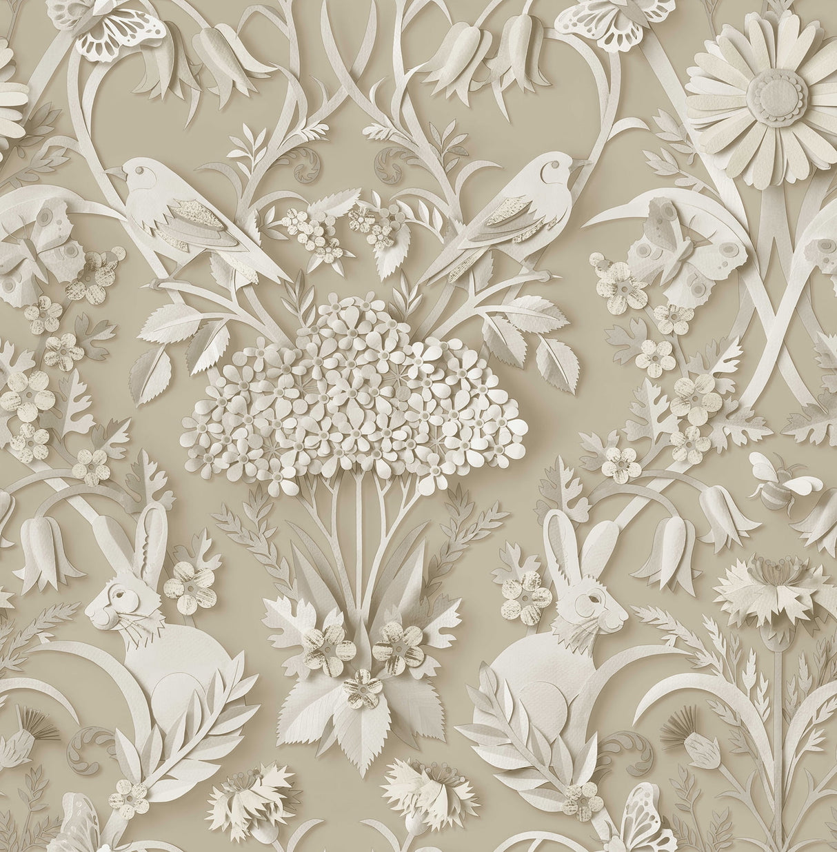 Fine Decor Fae Neutral Woodland Wallpaper FD43606 roll and room view showing paper-cut animals and florals on beige