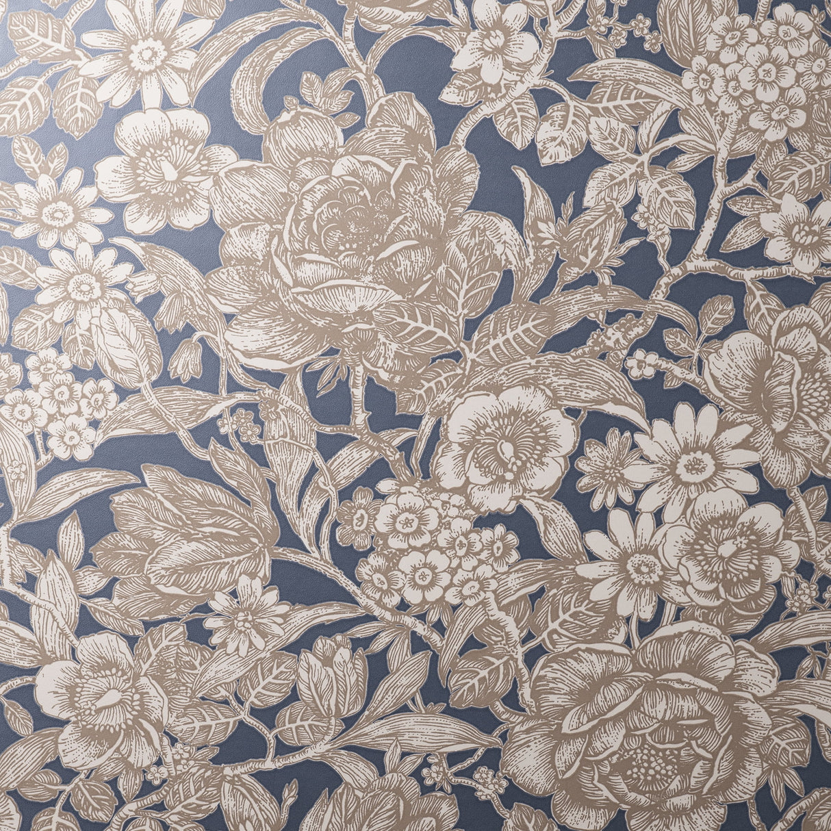 Fine Decor Hedgerow Navy Floral Trails Wallpaper roll and room setting