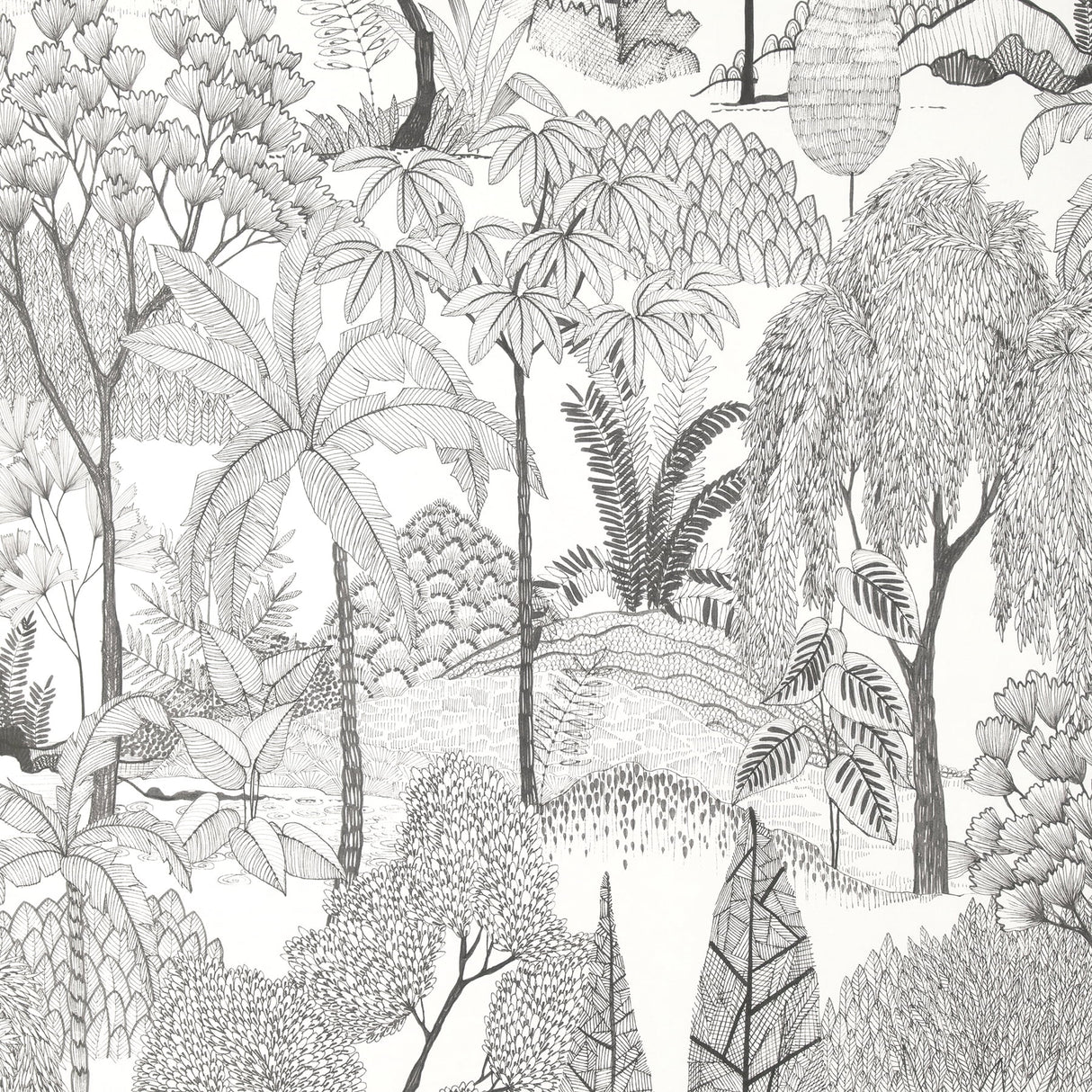 Fine Decor Lilou White Tropical Island Wallpaper pattern in charcoal on white