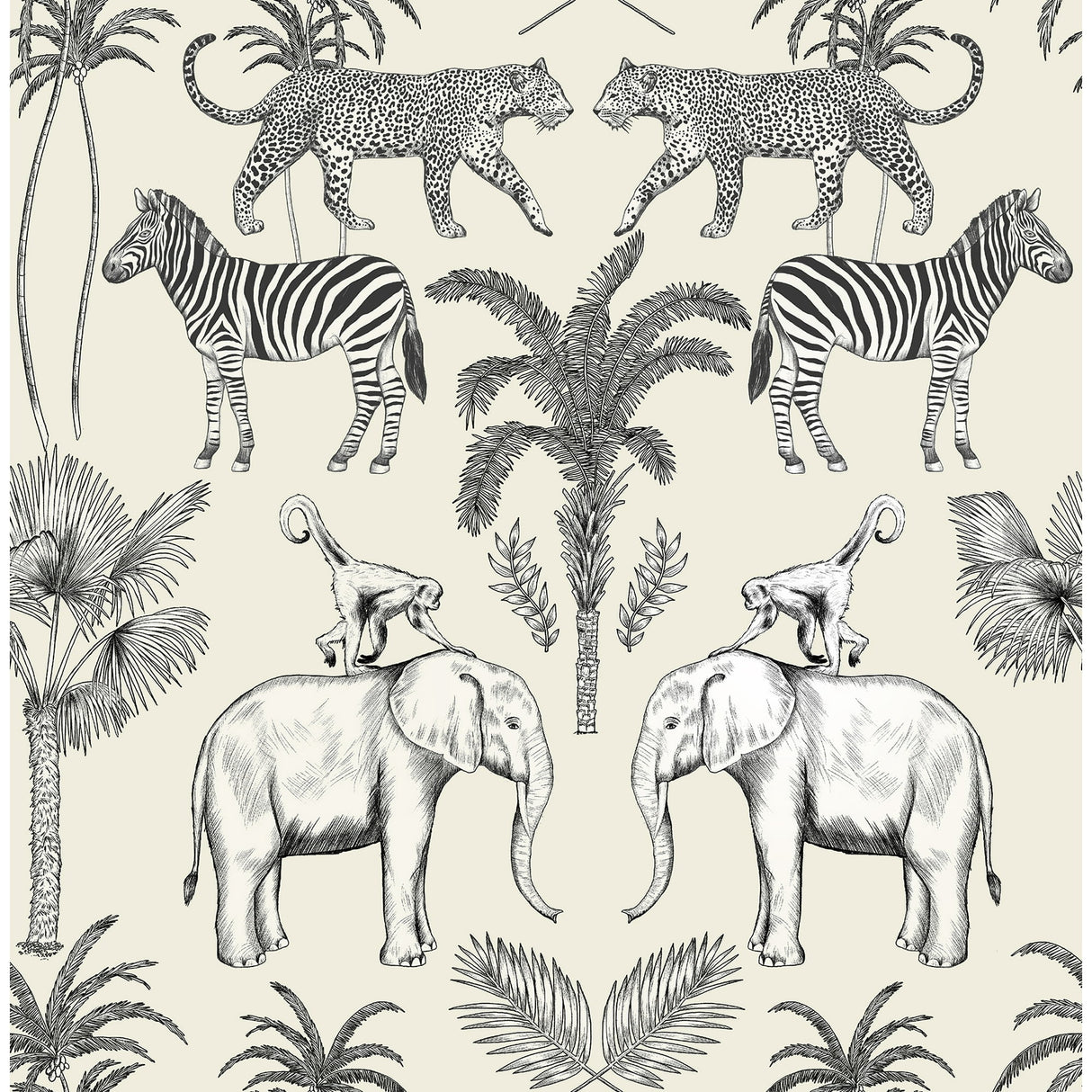 Fine Decor Nauman Safari Walk wallpaper in eggshell with elephants, zebras, leopards and palm trees
