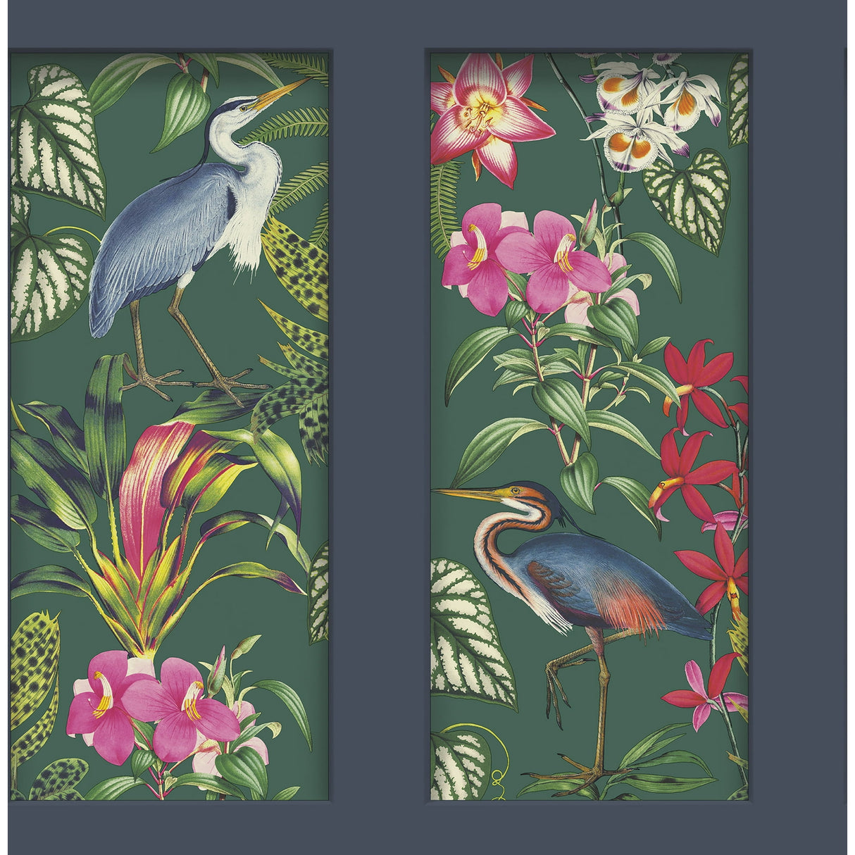 Fine Decor Silas Dark Blue Tropical Panel wallpaper with herons and florals