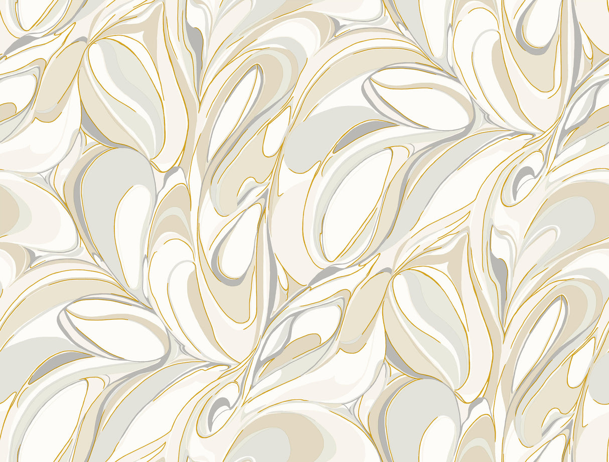 Achate Beige and Grey Metallic Swirling Leaf Wallpaper by York Wallcoverings - GN2563