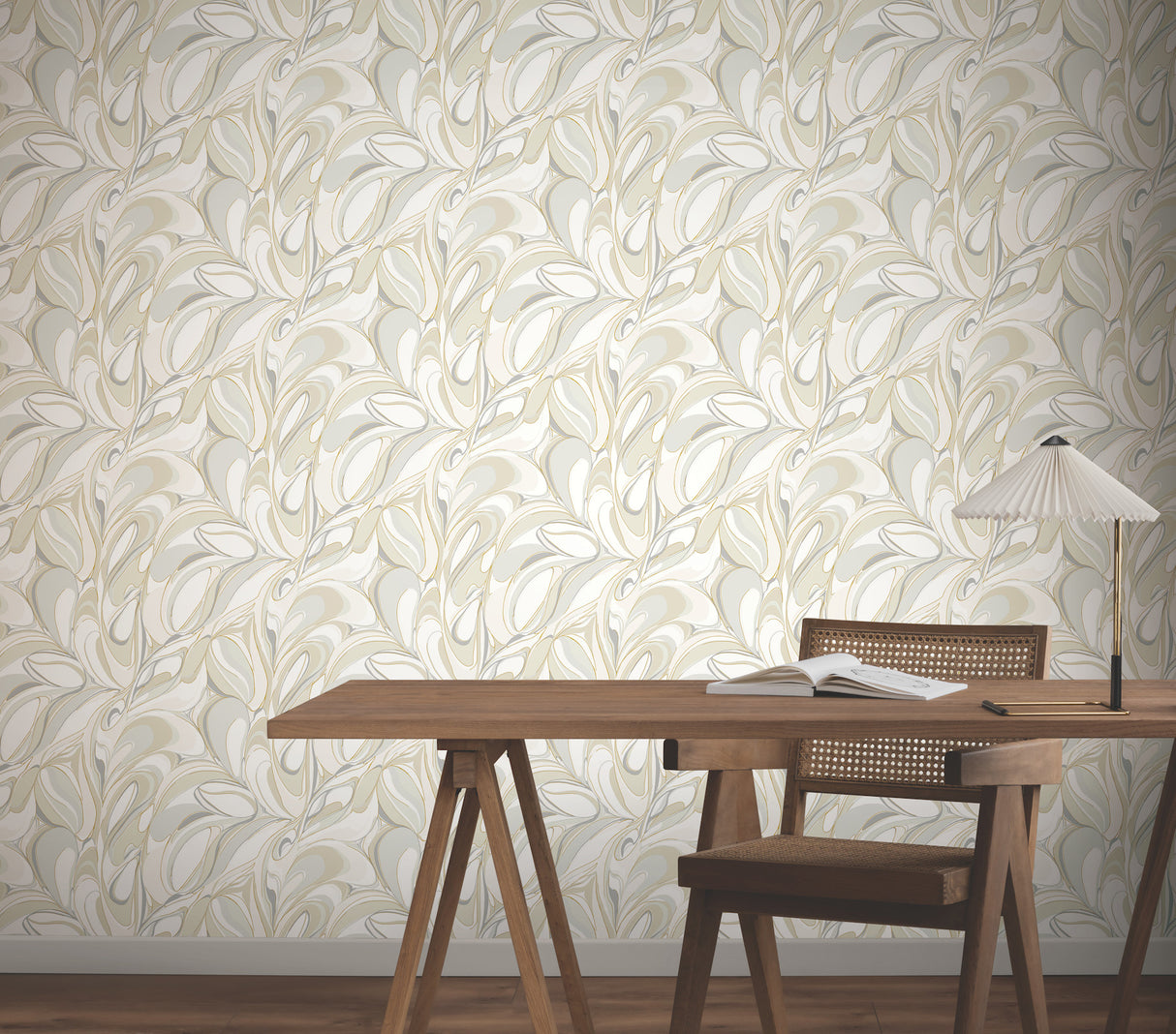 Achate Beige and Grey Organic Swirling Leaf Wallpaper with Metallic Accents by York Wallcoverings Woodnote Collection GN2563