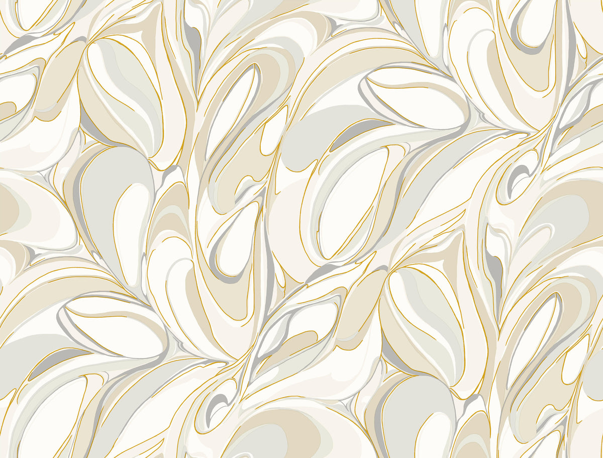 Achate Beige and Grey Metallic Swirling Leaf Wallpaper by York Wallcoverings - GN2563