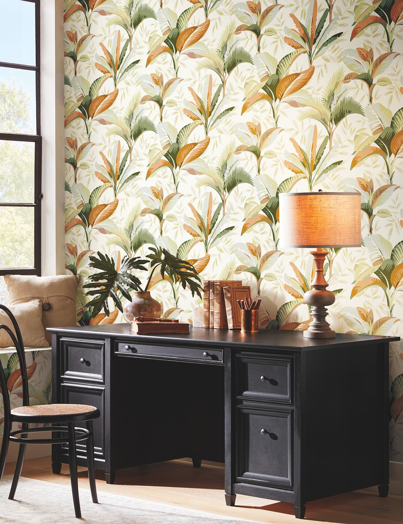Summerhouse Sienna Wallpaper with Tropical Palm Leaves - York GO8201