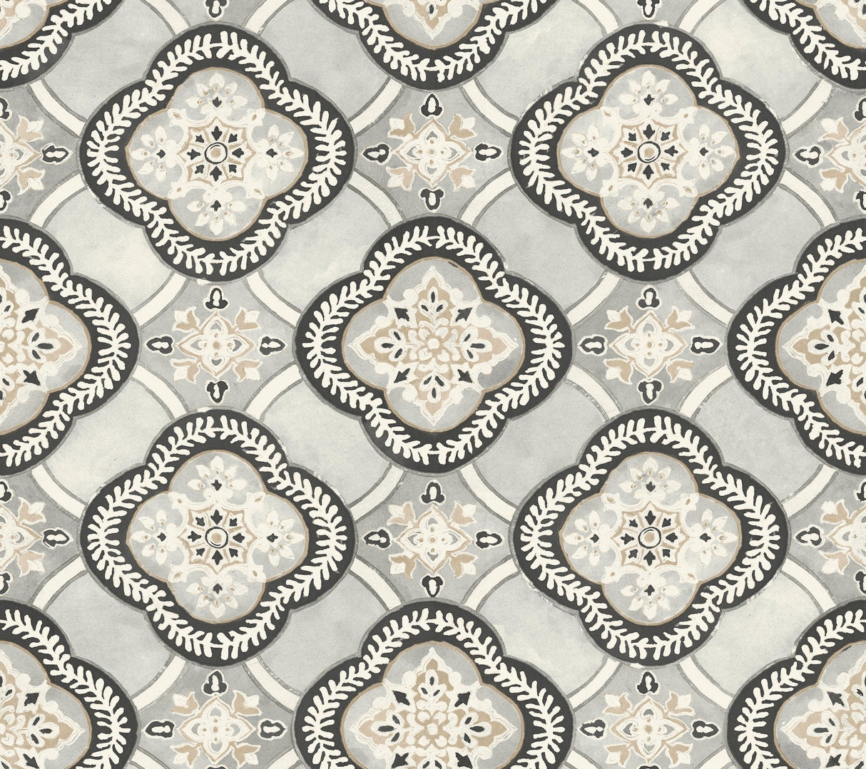 Garden Trellis Onyx Wallpaper with Geometric Quatrefoil Tile Motif - York GO8213