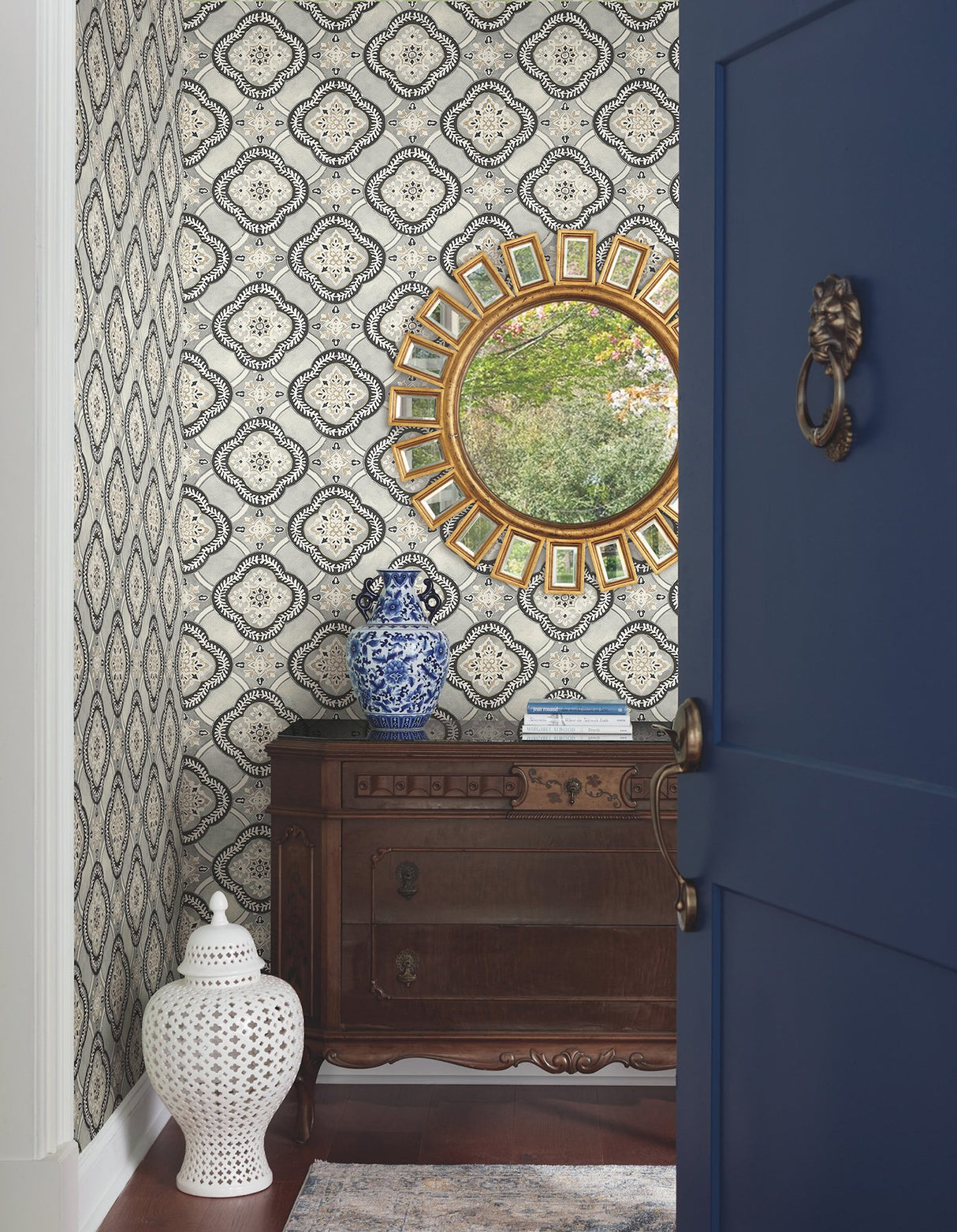 Garden Trellis Onyx Wallpaper with Geometric Quatrefoil Tile Motif - York GO8213