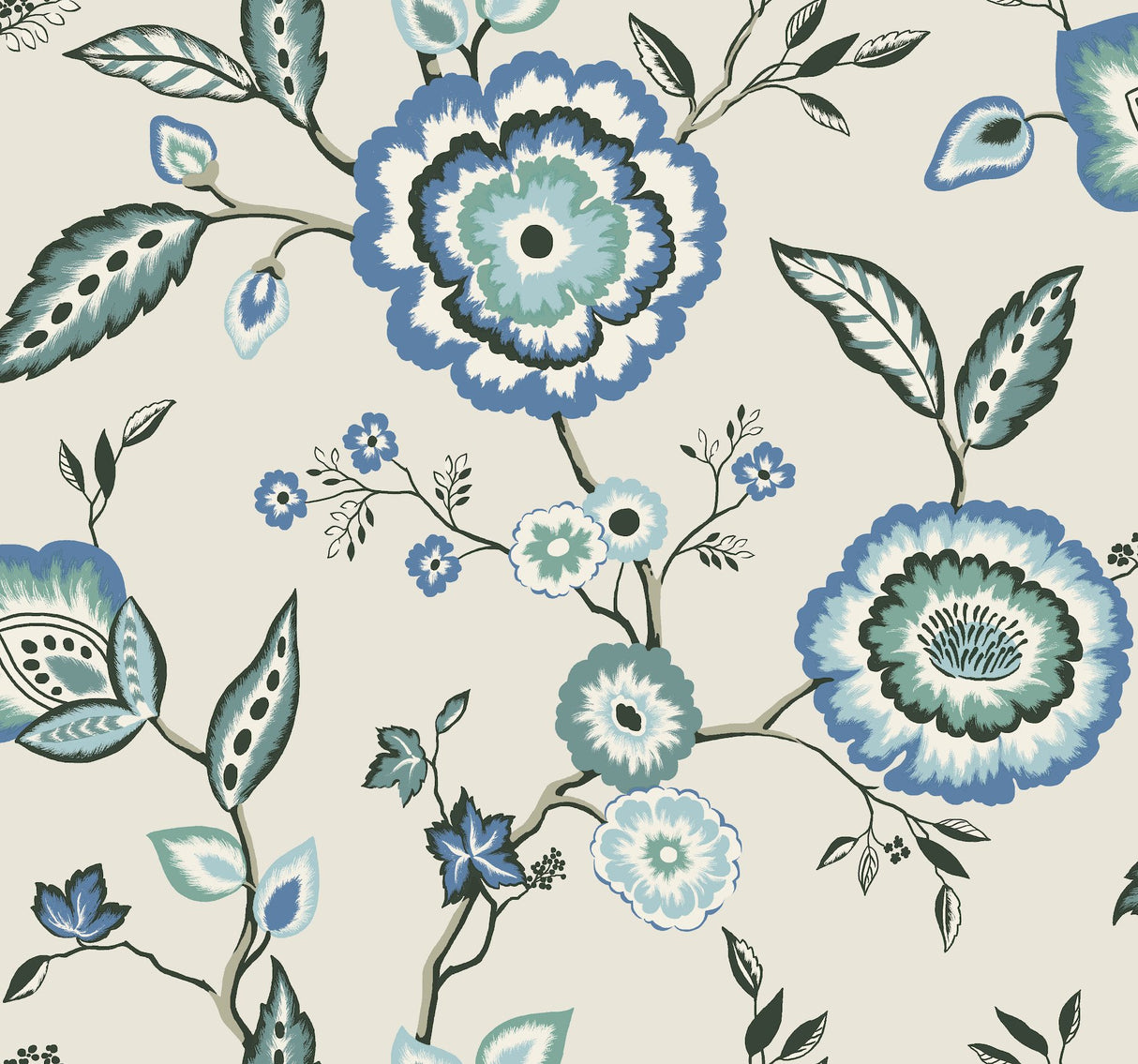 Dahlia Blooms Blue & White Wallpaper with Jacobean Floral Motif - York GO8231
