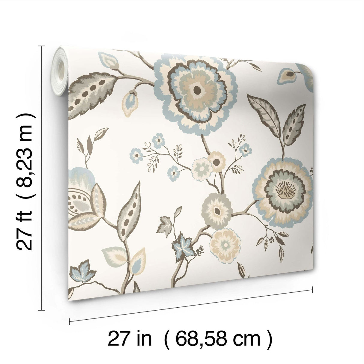 Dahlia Blooms Off White & Blue Wallpaper with Floral Trail on Sure Strip - York GO8234