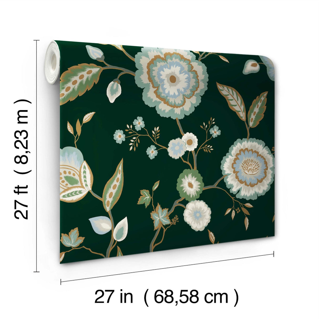 Dahlia Blooms Green & Blue Metallic Wallpaper with Floral Branch Pattern, Sure Strip Prepasted - York GO8236