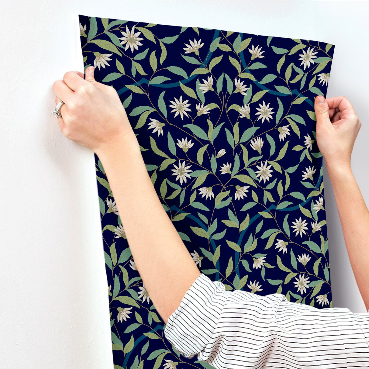 Jasmine Blue Metallic Floral Sure Strip Prepasted Wallpaper - York GO8251