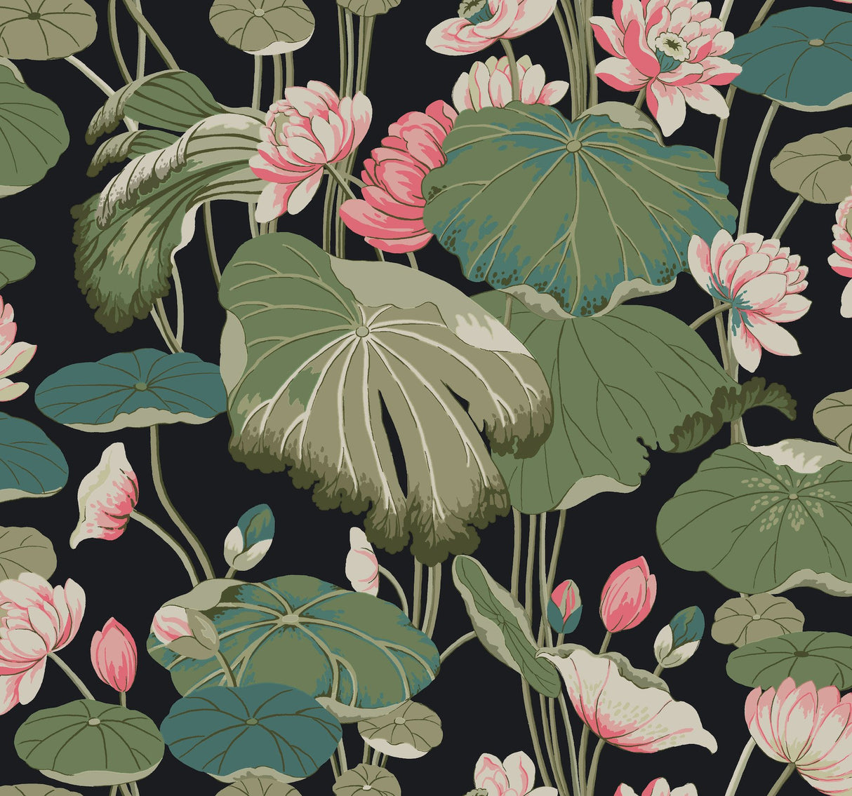 Lotus Pond Black & Pink Wallpaper with Botanical Lotus and Lily Pads Pattern - York GO8292