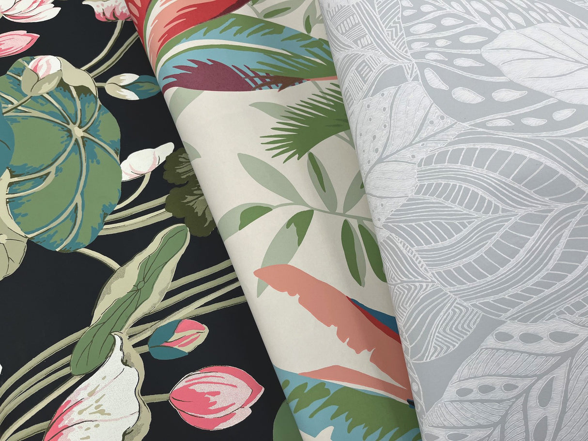 Lotus Pond Black & Pink Wallpaper with Botanical Lotus and Lily Pads Pattern - York GO8292