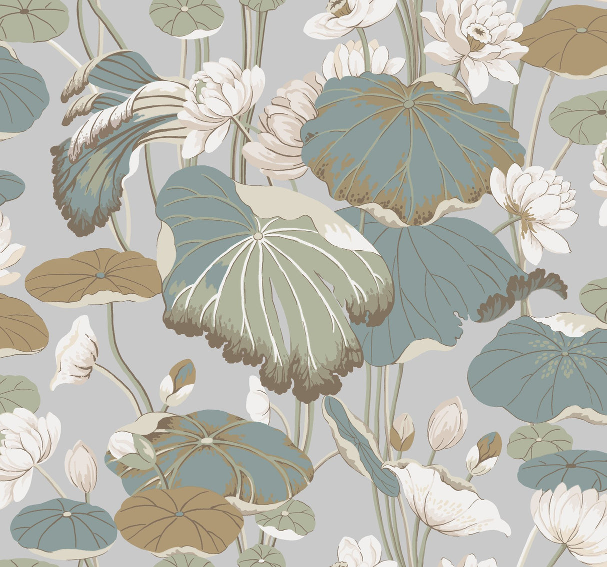 Lotus Pond Grey & Blue Wallpaper with Botanical Lotus Motif - York GO8294