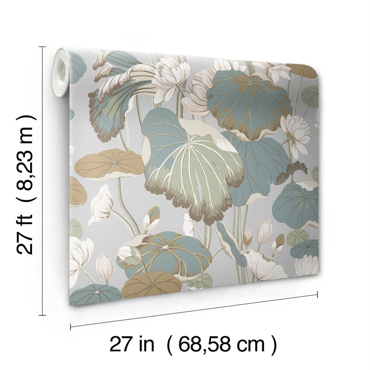 Lotus Pond Grey & Blue Wallpaper with Botanical Lotus Motif - York GO8294