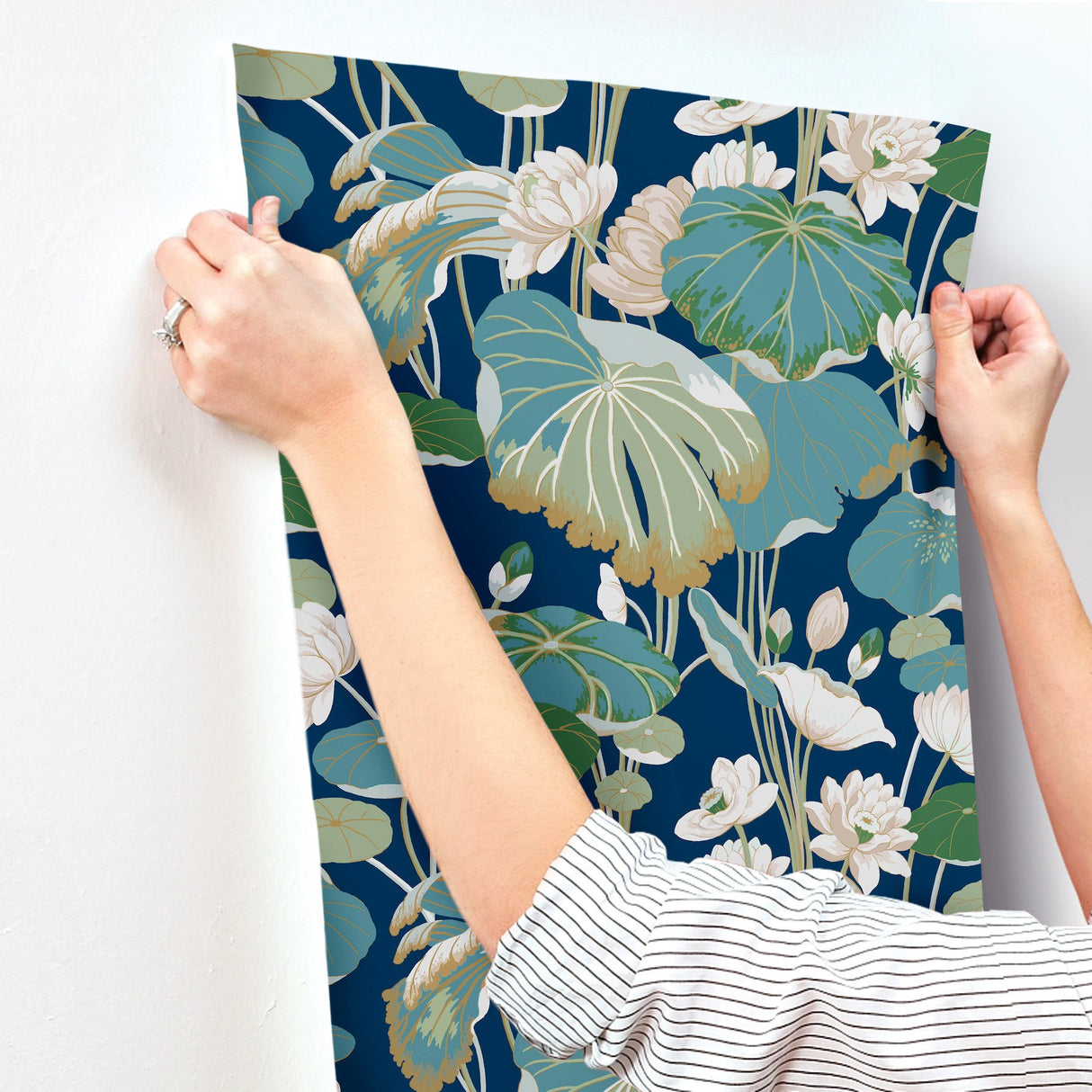 Lotus Pond Navy Metallic Wallpaper with Botanical Lotus Motif - York GO8295