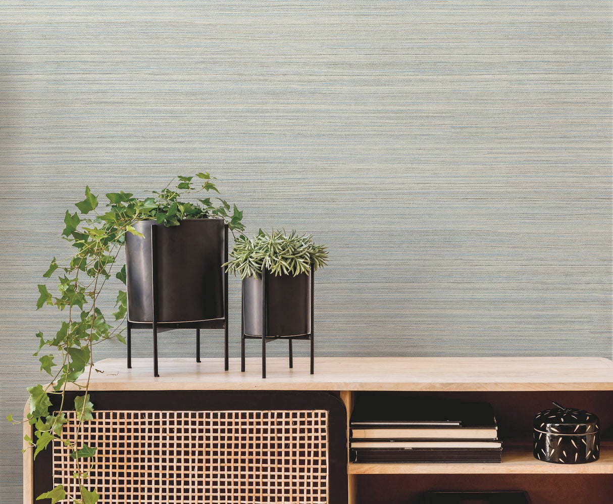 Fountain Grass Blue Faux Grasscloth Prepasted Wallpaper - York GO8302