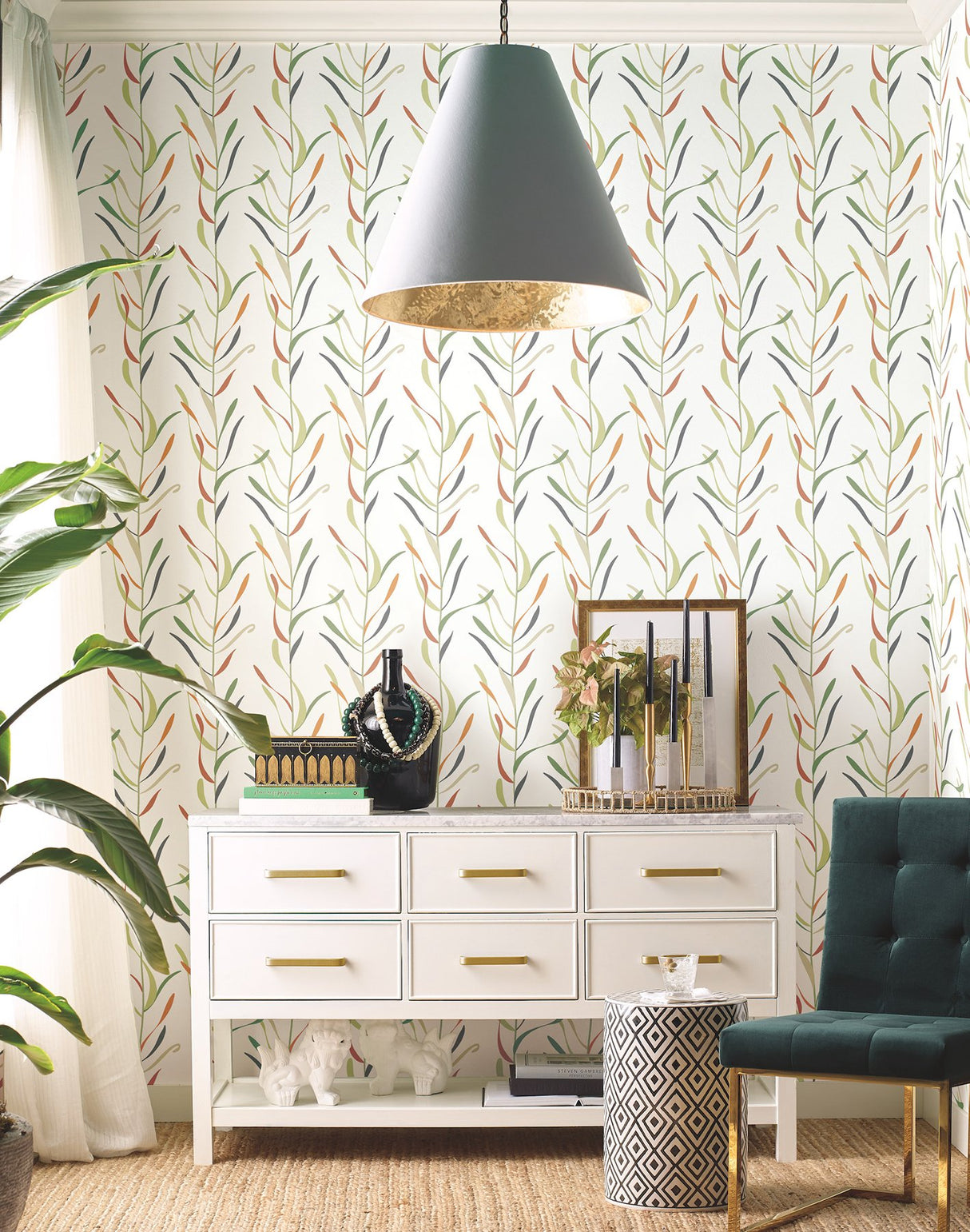 Chloe Vine Sienna Botanical Prepasted Wallpaper with Stylized Leaf Stripes - York GO8321