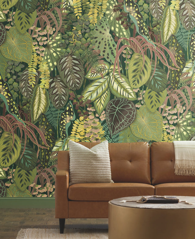 Greenery Jade Tropical Botanical Multi Green & Black Wall Mural - York GO8331M