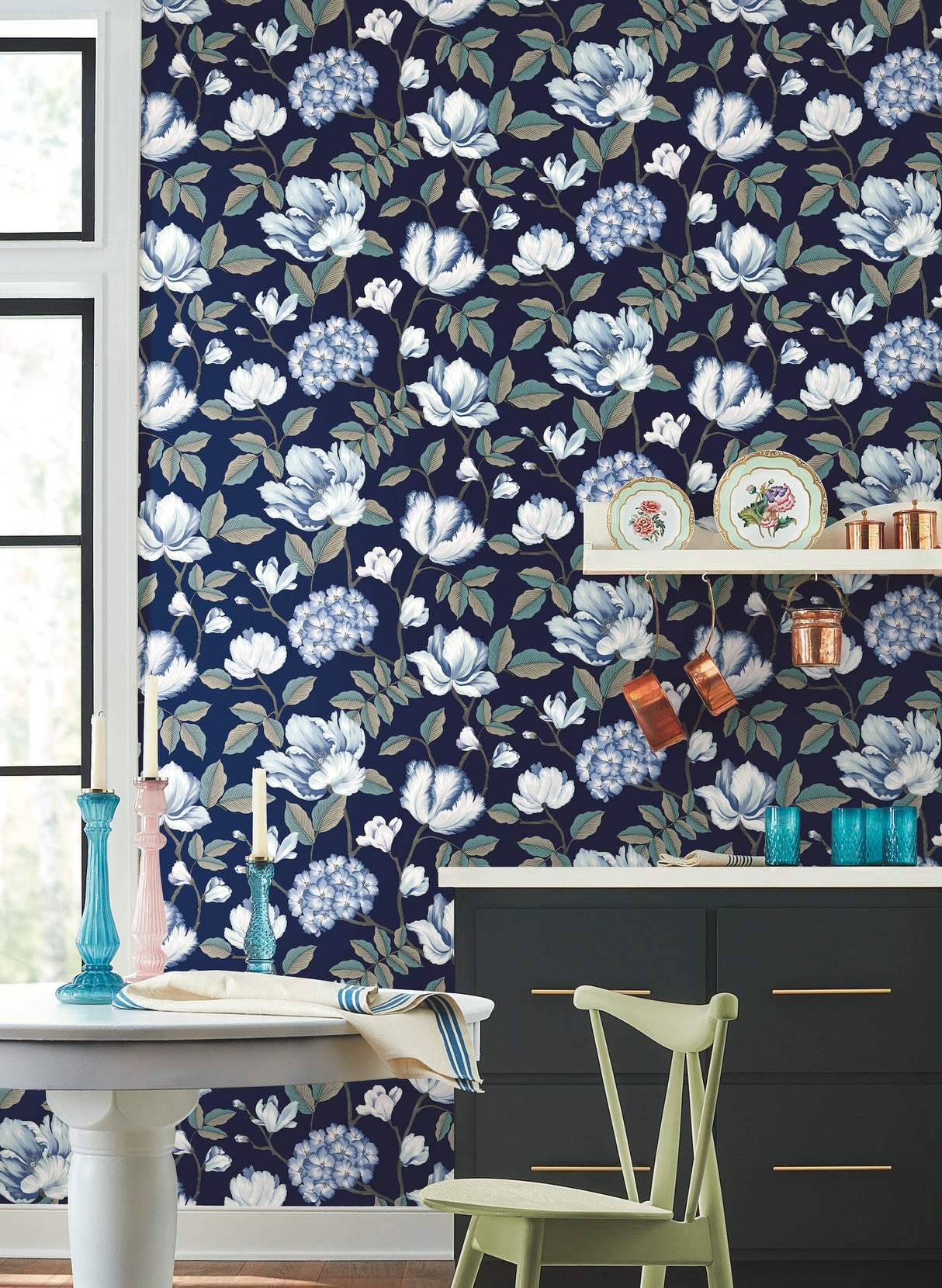 Morning Garden Navy Wallpaper with Grandmillennial Floral Pattern, Sure Strip Prepasted - York GR5902