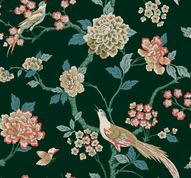 Fanciful Dark Green Wallpaper with Bird & Blossom Trail Pattern - York GR5931