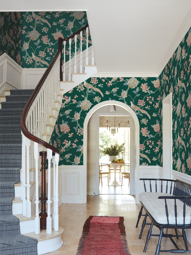 Fanciful Dark Green Wallpaper with Bird & Blossom Trail Pattern - York GR5931