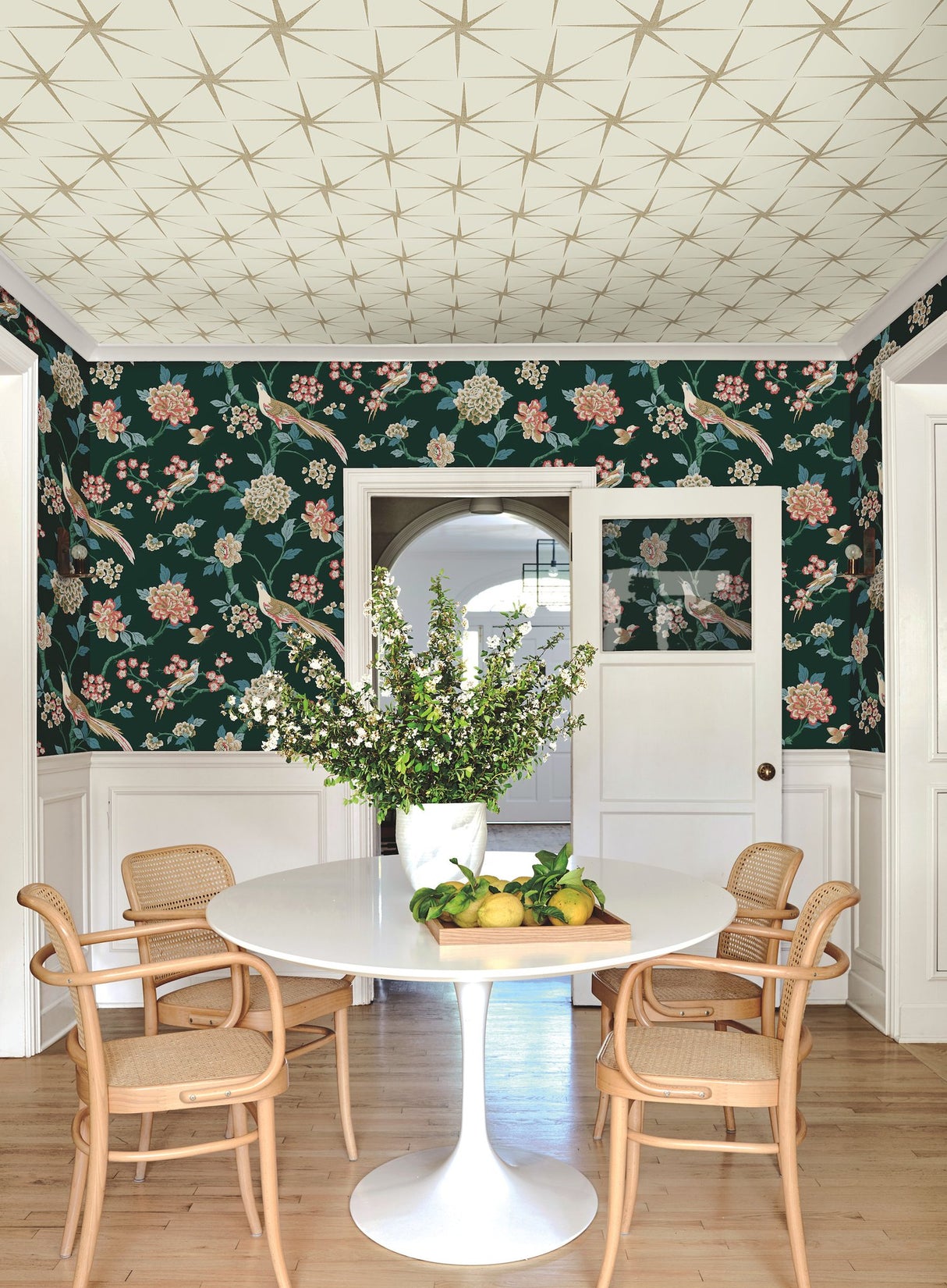 Fanciful Dark Green Wallpaper with Bird & Blossom Trail Pattern - York GR5931