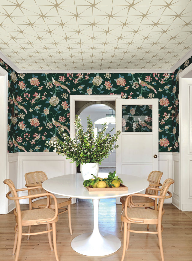Fanciful Dark Green Wallpaper with Bird & Blossom Trail Pattern - York GR5931
