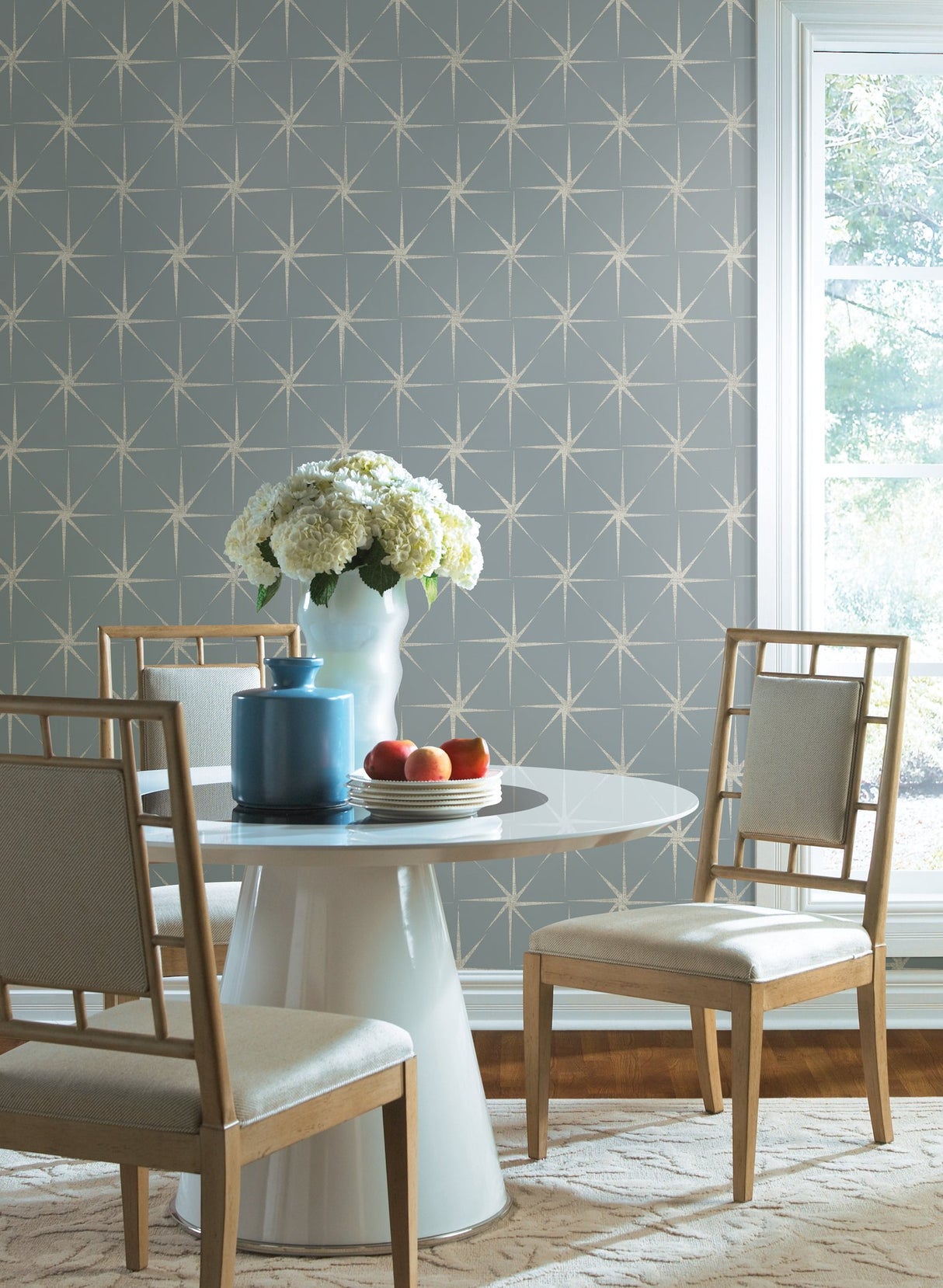 Evening Star Blue Geometric Wallpaper with Metallic Starburst Motif - York GR5945
