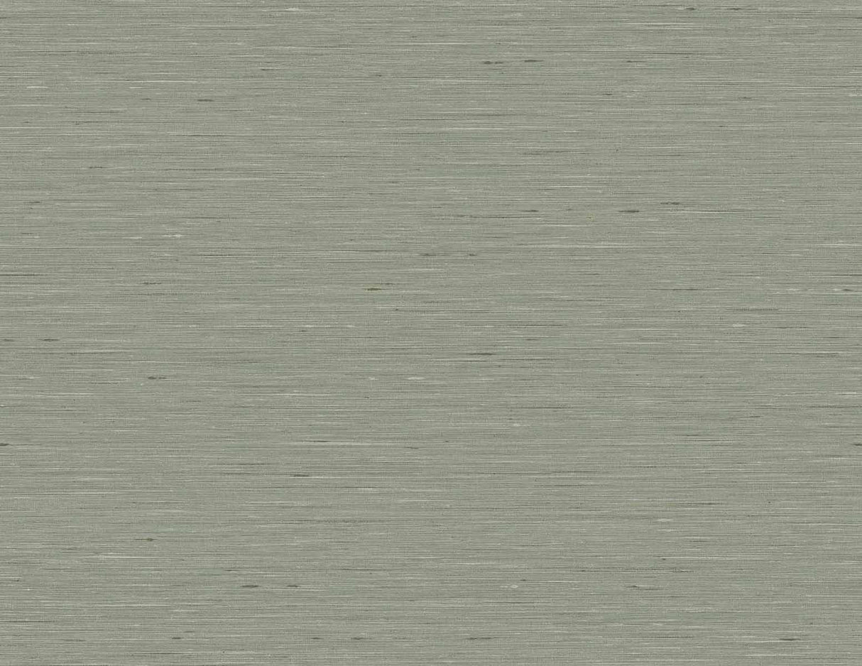 Seabrook Designs Bangkok Moss faux silk texture wallpaper in muted green with subtle horizontal slub texture.