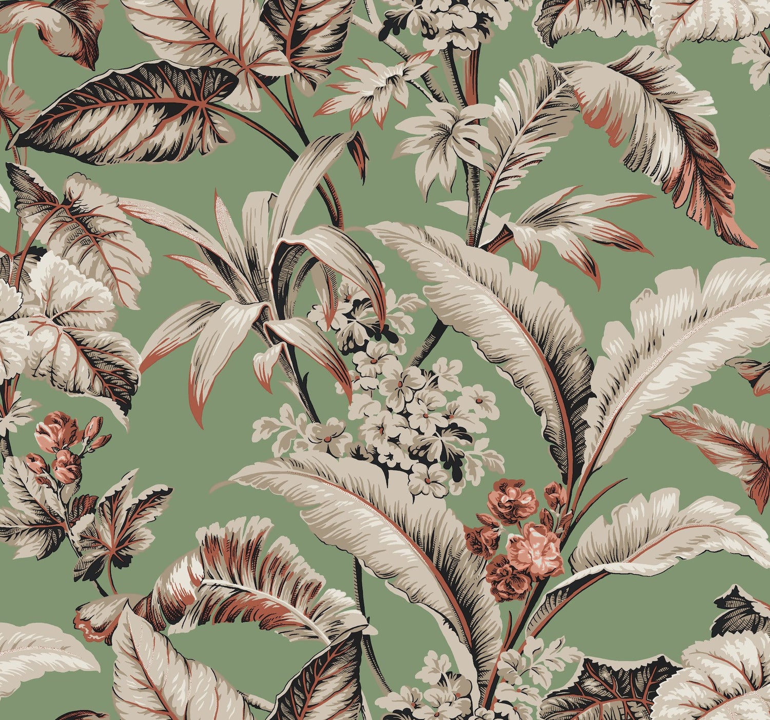 Mystic Isle Green Wallpaper with Tropical Eclectic Leaf and Floral Motif - York GT4505
