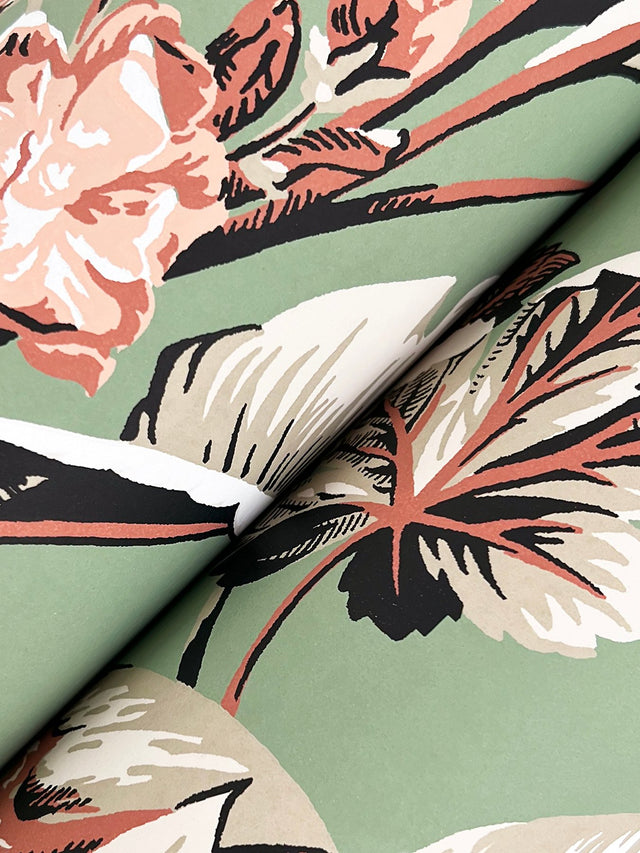 Mystic Isle Green Wallpaper with Tropical Eclectic Leaf and Floral Motif - York GT4505