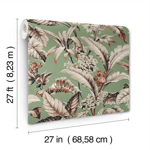 Mystic Isle Green Wallpaper with Tropical Eclectic Leaf and Floral Motif - York GT4505