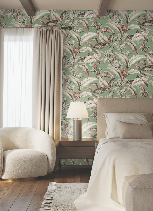 Mystic Isle Green Wallpaper with Tropical Eclectic Leaf and Floral Motif - York GT4505
