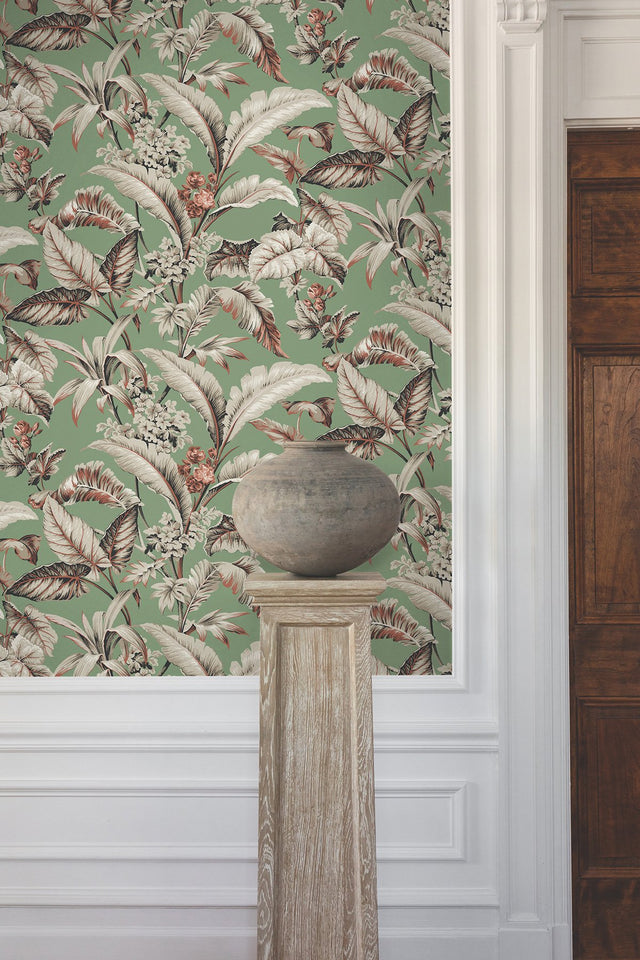 Mystic Isle Green Wallpaper with Tropical Eclectic Leaf and Floral Motif - York GT4505