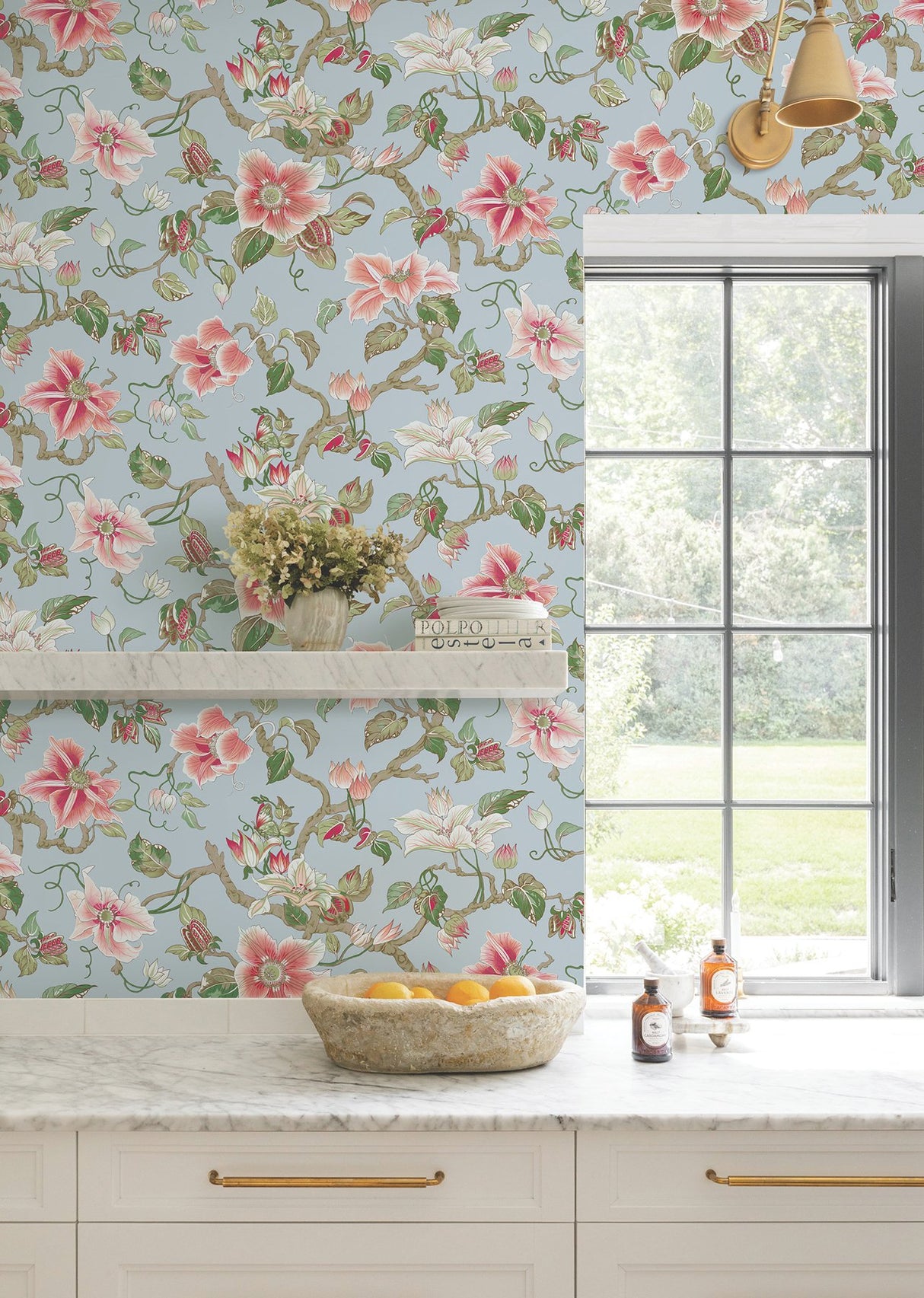 Marguerite Vine Blue Wallpaper with Vintage Floral Jacobean Pattern - York GT4512