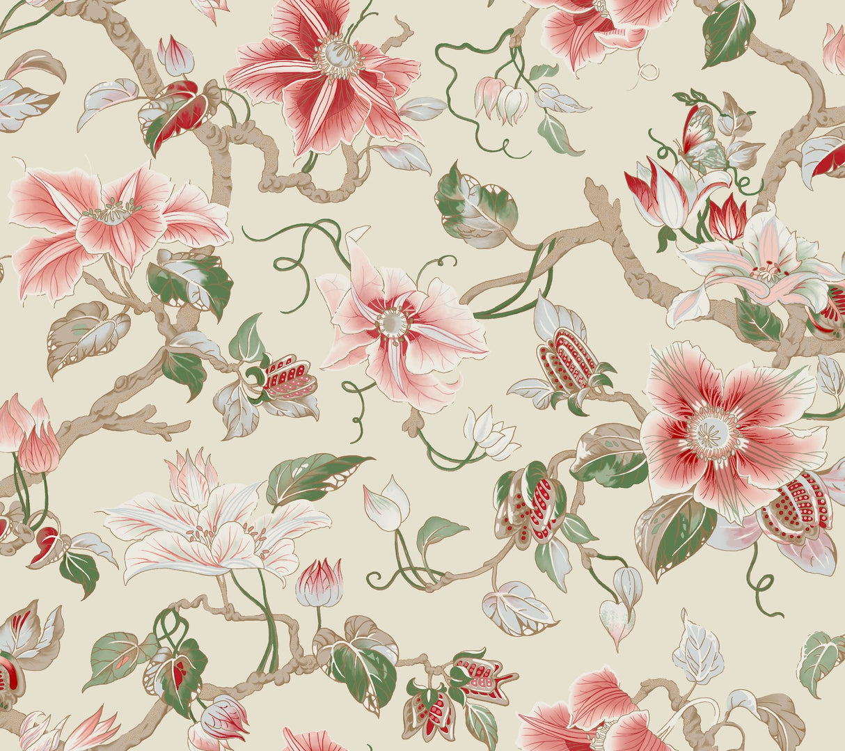 Marguerite Vine Cream Wallpaper with Vintage Floral Jacobean Pattern - York GT4513