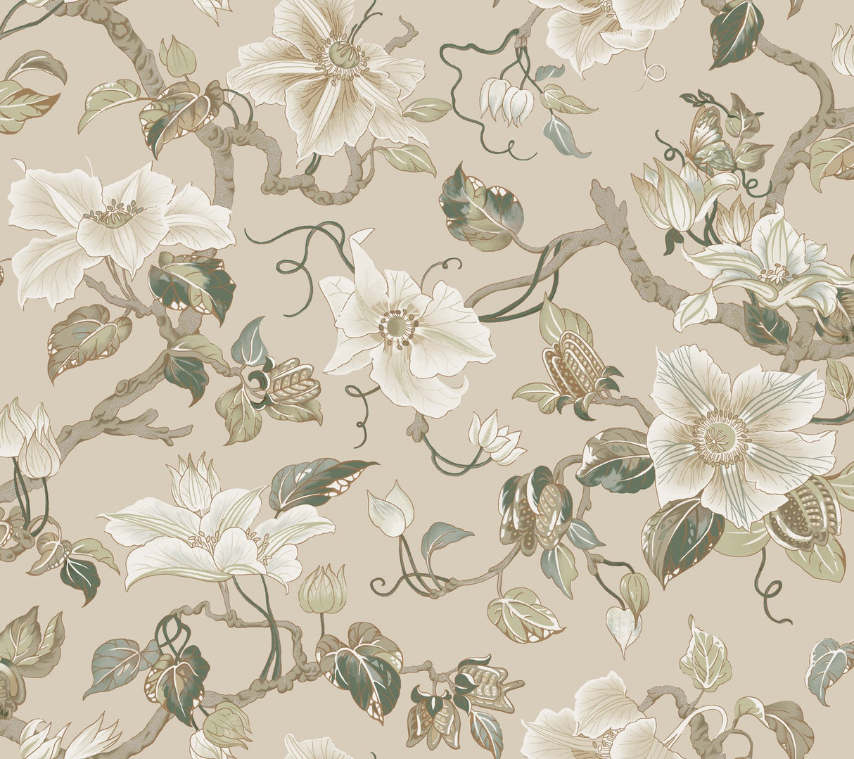 Marguerite Vine Taupe Wallpaper with Vintage Floral Jacobean Pattern - York GT4516