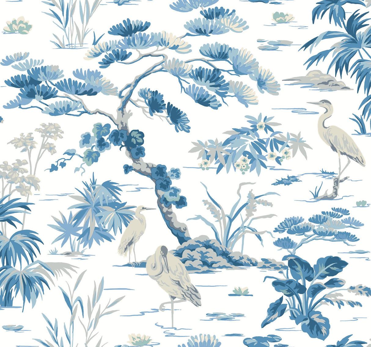 Bridgewater White Wallpaper with Blue Asian Crane Botanical Motif - York GT4533