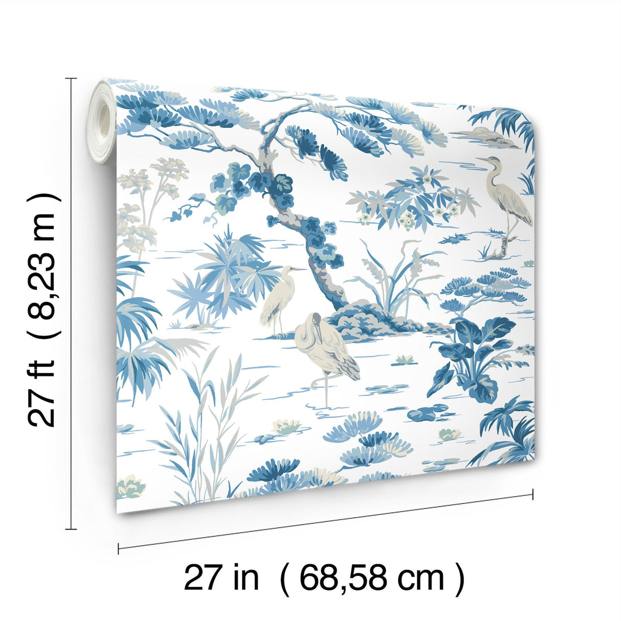 Bridgewater White Wallpaper with Blue Asian Crane Botanical Motif - York GT4533